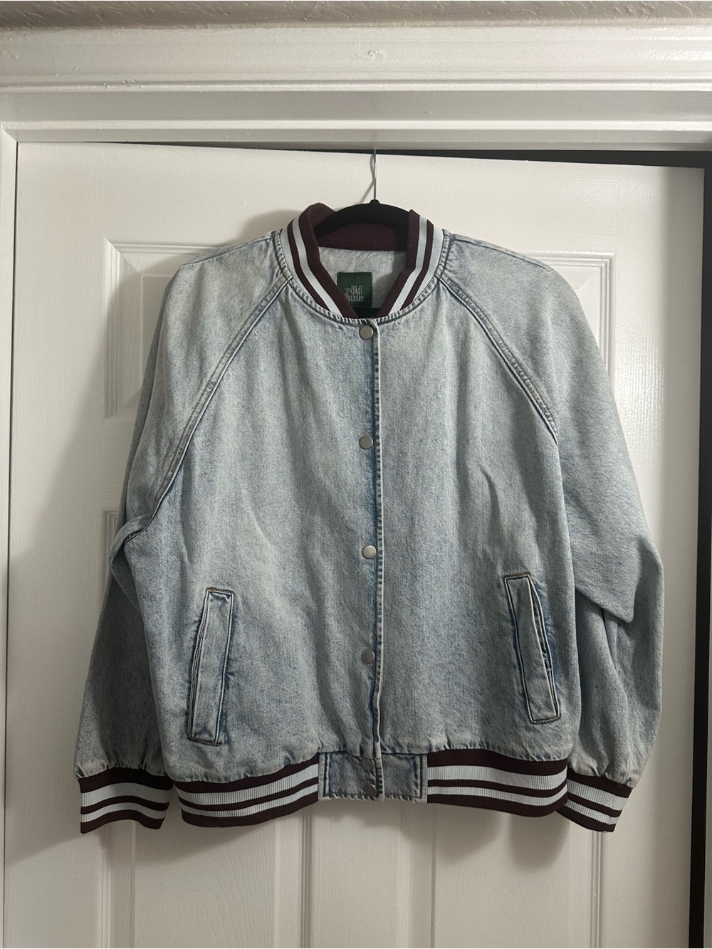 Target Wild Fable Light Wash Denim Bomber Jacket with Striped Trim NWT